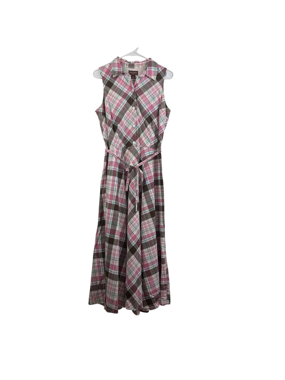 Retro Duck Head Pink Plaid Fit & Flare Maxi Dress Size 12 100% Cotton Preppy